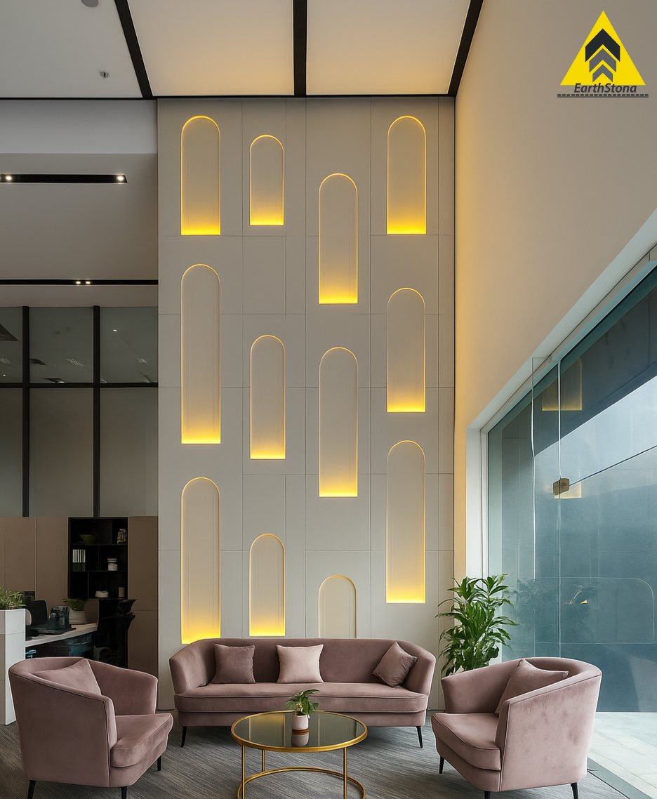 Modern Ushape backlight double height wall carving all India, Canada